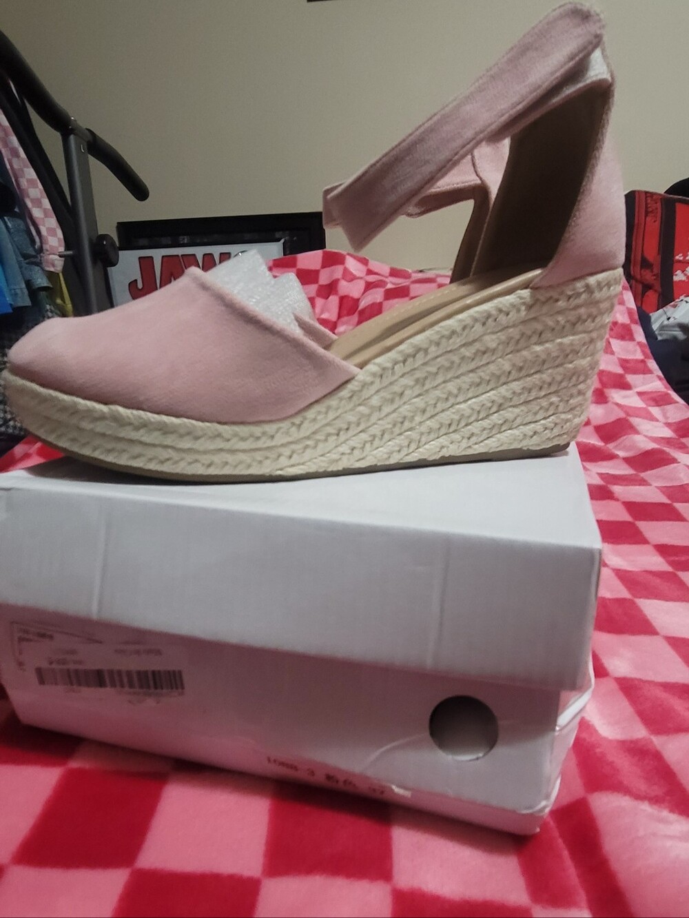 Womens Pink Espadrille Wedge Sandals - Ankle Strap